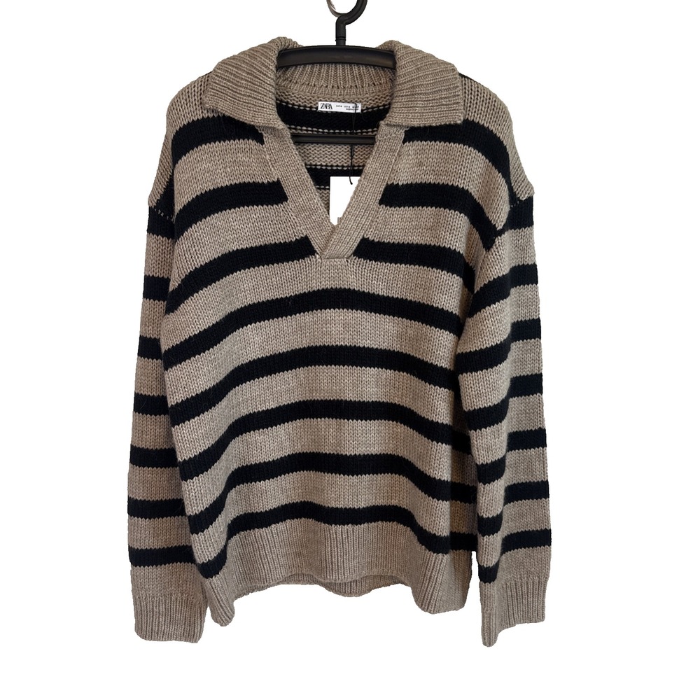 NWT Zara Striped Collared Knit Wool Sweater Size M Pullover Chunky Relaxed Fit